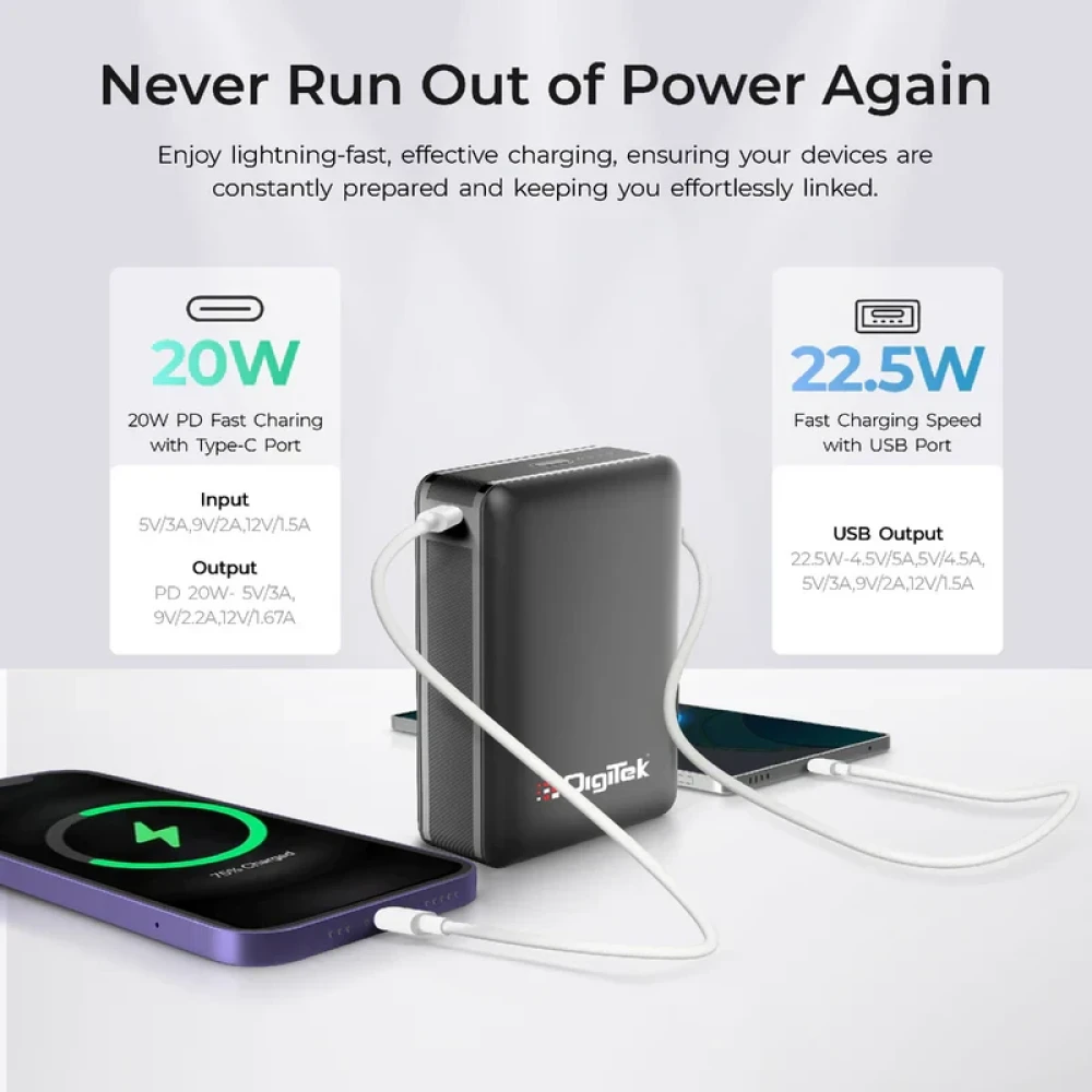 Digitek® (DPB 20000 PD QC) High Capacity Superfast Power Bank with 22.5 Watt PD / QC charging with Type C Port (20000 mAh) with Black.