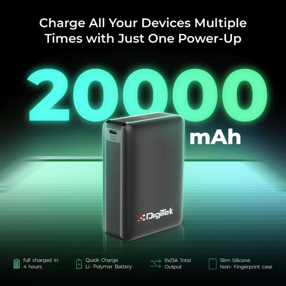 Digitek® (DPB 20000 PD QC) High Capacity Superfast Power Bank with 22.5 Watt PD / QC charging with Type C Port (20000 mAh) with Black.