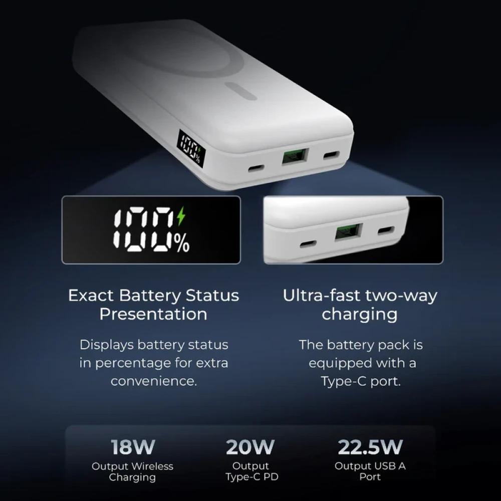 Digitek®(DPB 10000 PD MS) Superfast Wireless Magsafe Power Bank with 20 Watt PD charging & 15W Wireless Charging White Color.