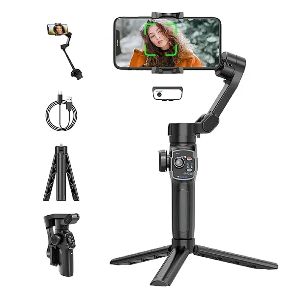 Digitek® (DSG 009F AI) 3-Axis Smartphone Gimbal with Wide Angle and AI Face Tracker - Telescopic Rods & External Microphone Support - Lightweight and Compatible with Smartphones (AI)