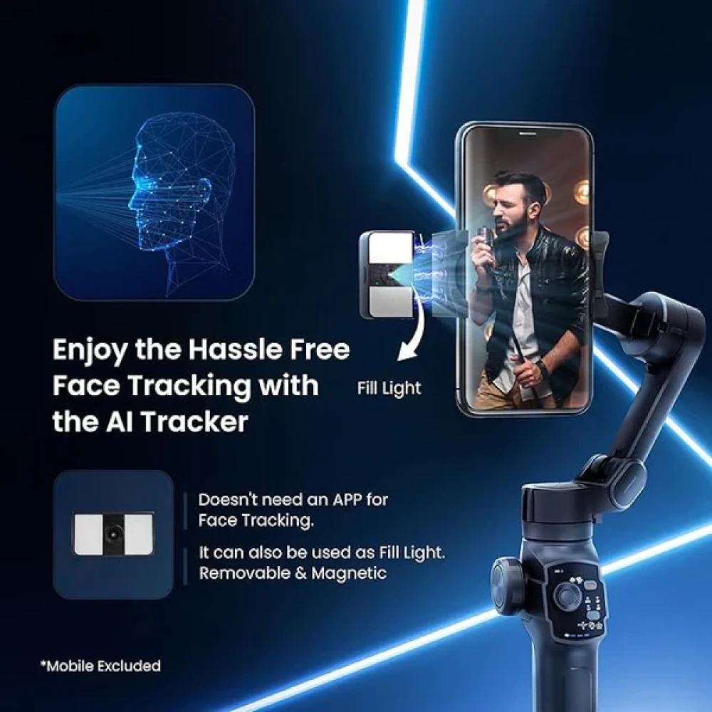 Digitek® (DSG 009F AI) 3-Axis Smartphone Gimbal with Wide Angle and AI Face Tracker - Telescopic Rods & External Microphone Support - Lightweight and Compatible with Smartphones (AI)