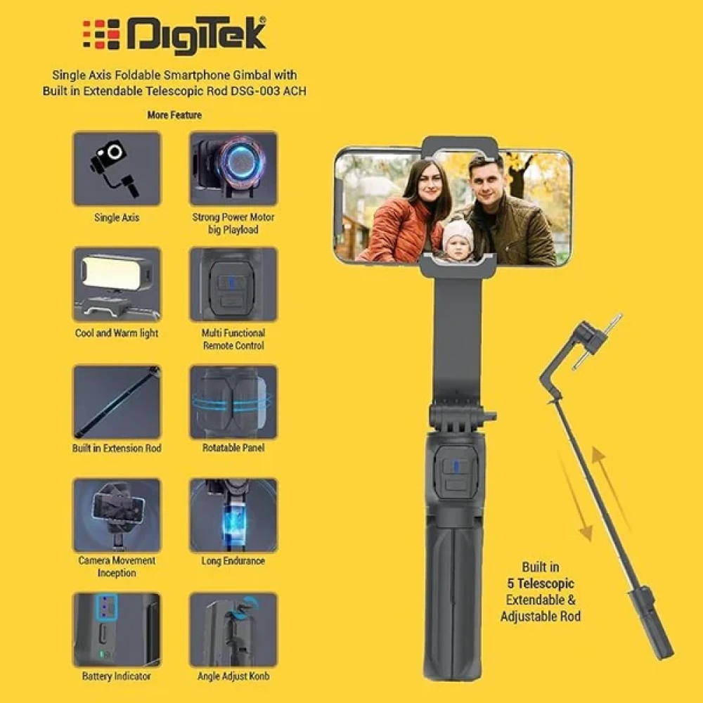 Digitek® (DSG 003 ACH) Single Axis Foldable Smartphone Gimbal with Built in Extendable Telescopic Rod.