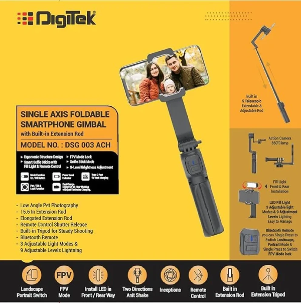 Digitek® (DSG 003 ACH) Single Axis Foldable Smartphone Gimbal with Built in Extendable Telescopic Rod.