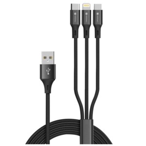 Portronics Konnect-Trio Plus POR-1051 3-in-1 Multi Charging Cable with USB-A Connector for Micro USB, Lightning & Type-C Devices, Fast Charging & Data Sync Cable – (Black)