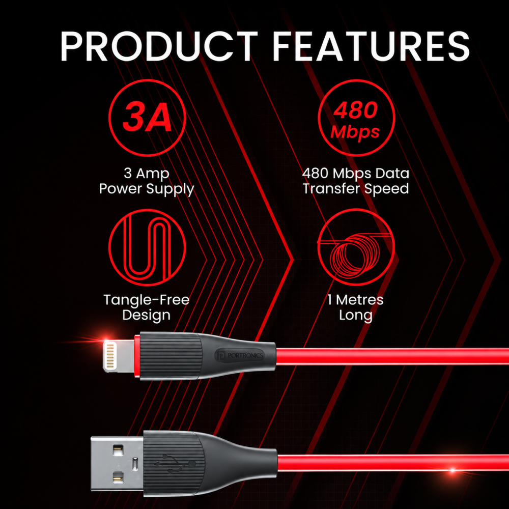Portronics Silklink 3A USB to 8-Pin Lightning Fast Charging Cable, 1 Meter Durable Data Sync Cable for Lightning Devices, iPhone & iPad – (Red)