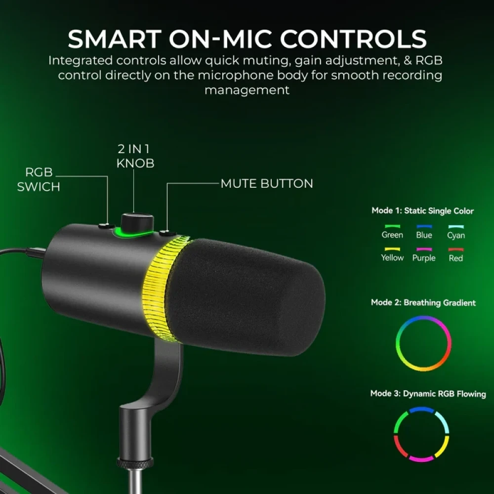 Digitek® (DM 701) USB Dynamic Microphone - RGB Professional Gaming Streaming Podcast Mic with XLR Output, Noise Reduction, Cardioid Pattern, 24-bit/96kHz, Desktop Stand with LED Lighting