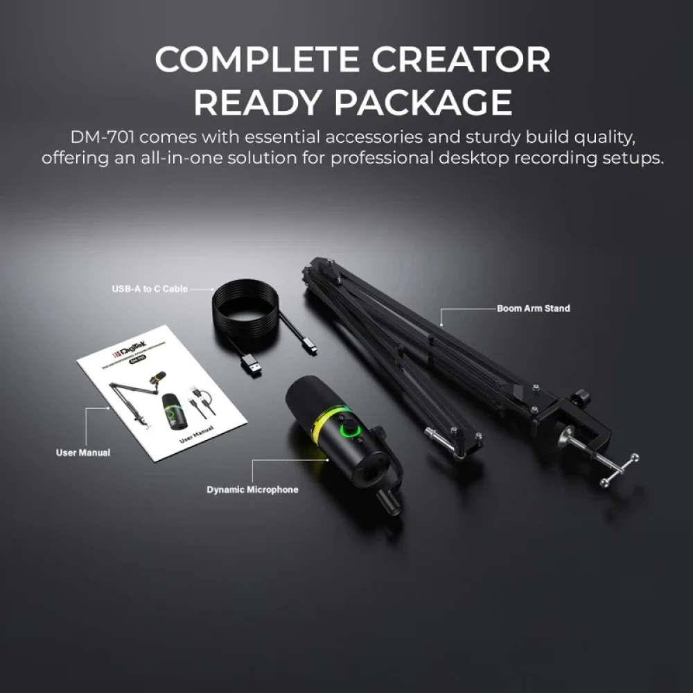 Digitek® (DM 701) USB Dynamic Microphone - RGB Professional Gaming Streaming Podcast Mic with XLR Output, Noise Reduction, Cardioid Pattern, 24-bit/96kHz, Desktop Stand with LED Lighting