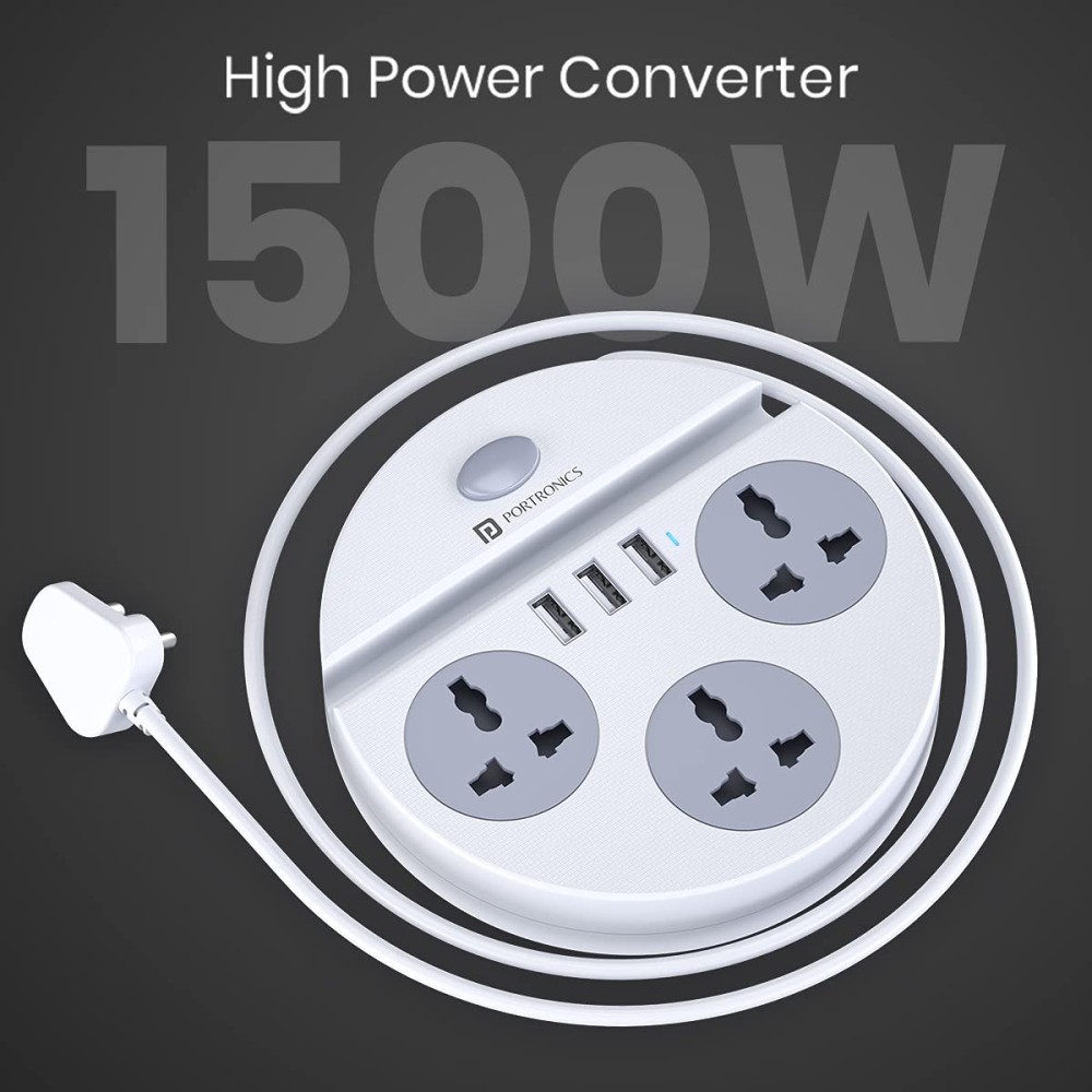 Portronics Power Plate 5 1500W Power Converter with 3 AC Sockets, 3 USB Ports & Mobile Holder | 1.5m Extension Cord-(White)