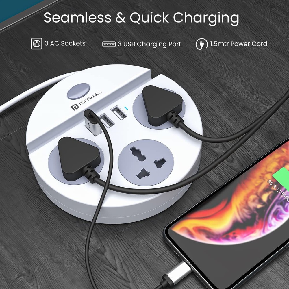 Portronics Power Plate 5 1500W Power Converter with 3 AC Sockets, 3 USB Ports & Mobile Holder | 1.5m Extension Cord-(White)