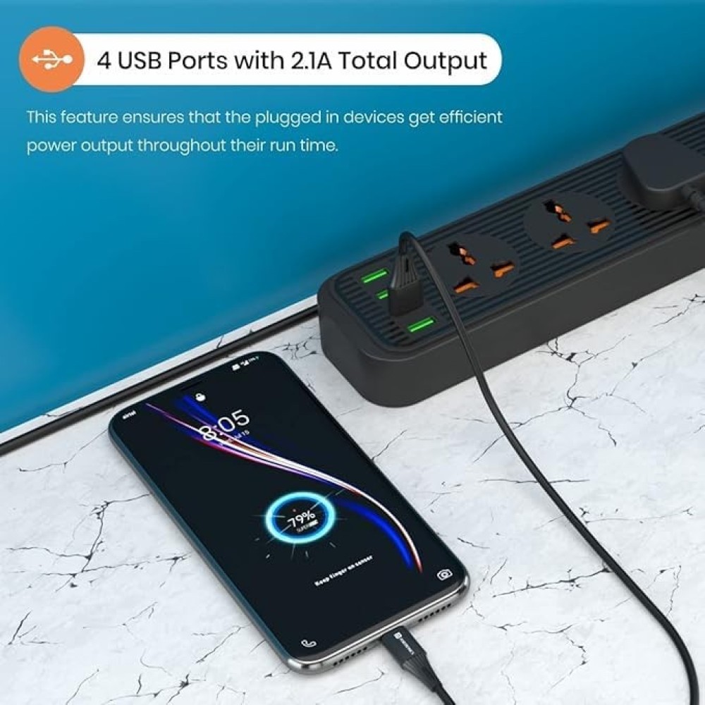 Power Plate 6 2500W Extension Board | 5 Sockets & 4 USB Ports 3M-(Black)