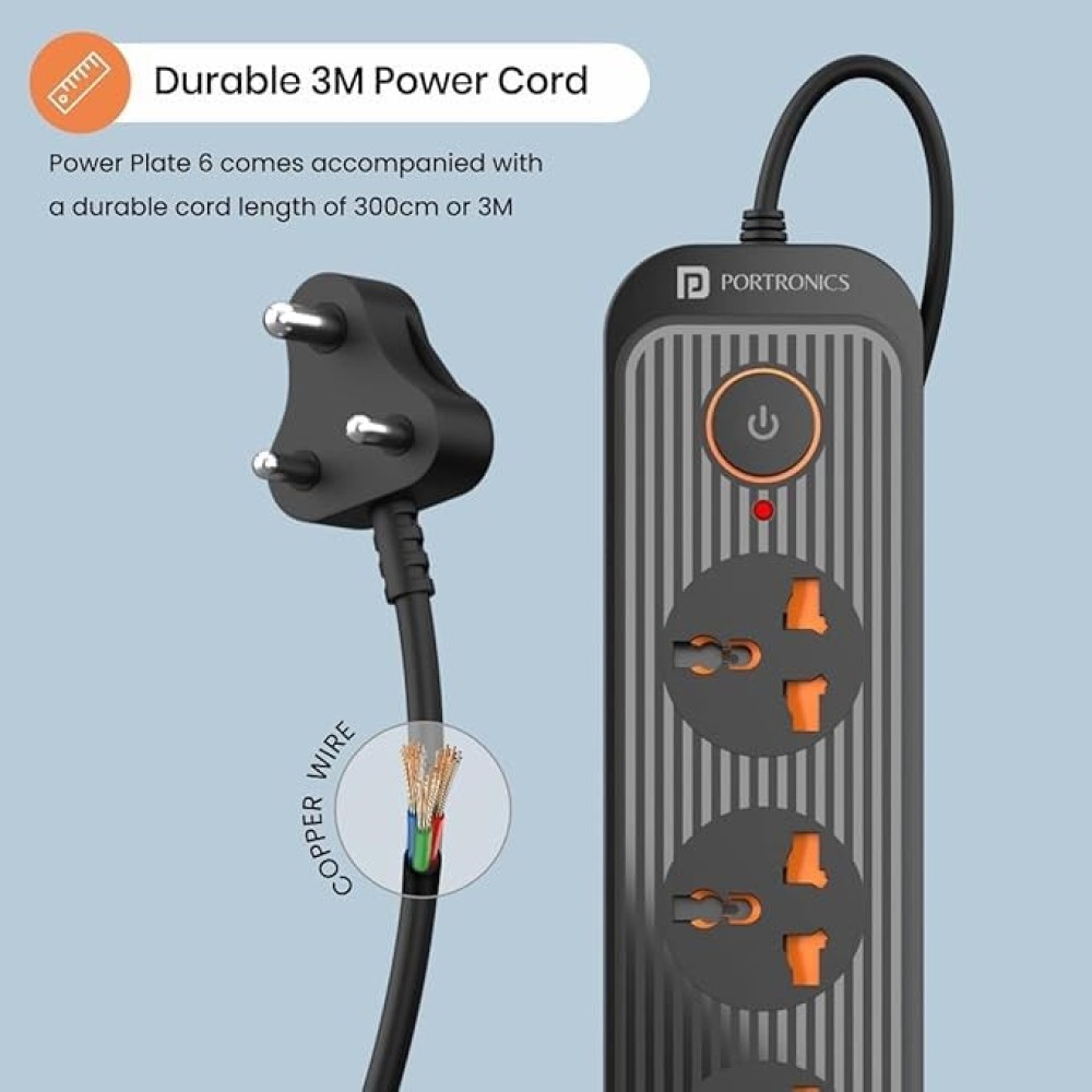 Power Plate 6 2500W Extension Board | 5 Sockets & 4 USB Ports 3M-(Black)
