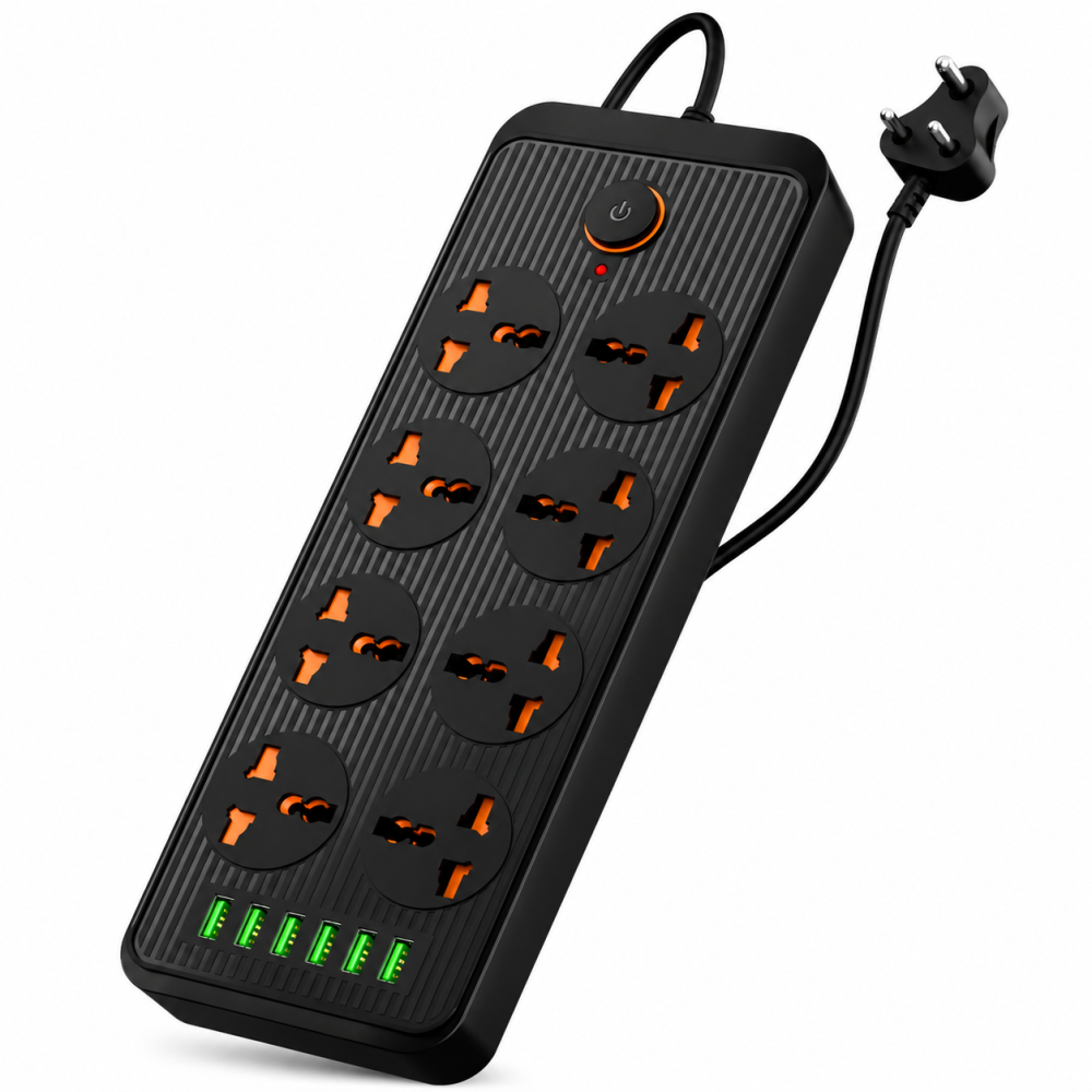 Portronics Power Plate 7 2500W Extension Board with 8 Sockets & 6 USB Ports | 2M Cord-(Black)