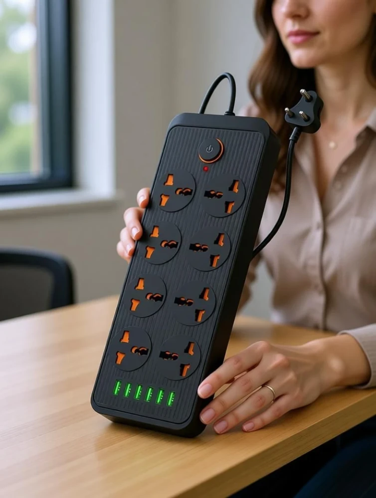 Portronics Power Plate 7 2500W Extension Board with 8 Sockets & 6 USB Ports | 2M Cord-(Black)