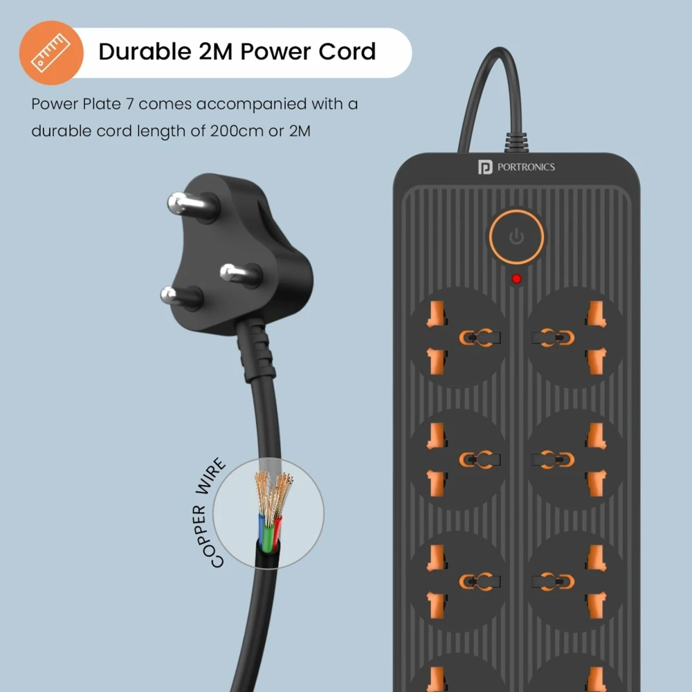 Portronics Power Plate 7 2500W Extension Board with 8 Sockets & 6 USB Ports | 2M Cord-(Black)