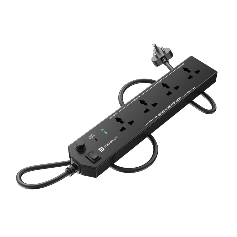 Portronics Power Plate 10 Extension Board with 4 universal sockets, 2-meter cord, 1500W, 6A capacity. Ideal for home and office appliances-(Black)