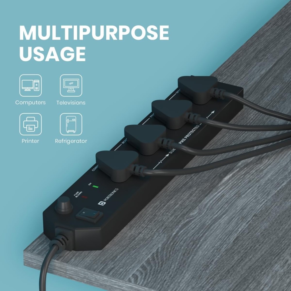 Portronics Power Plate 10 Extension Board with 4 universal sockets, 2-meter cord, 1500W, 6A capacity. Ideal for home and office appliances-(Black)