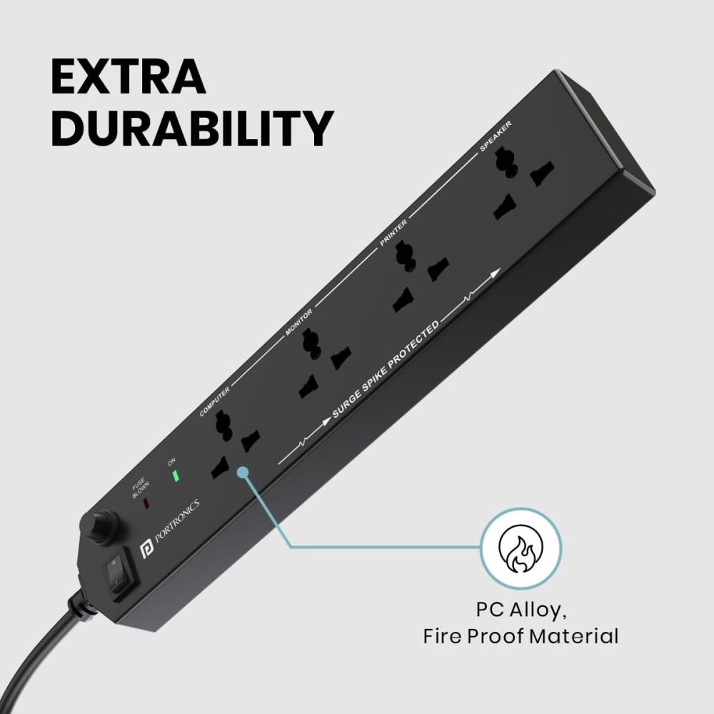 Portronics Power Plate 10 Extension Board with 4 universal sockets, 2-meter cord, 1500W, 6A capacity. Ideal for home and office appliances-(Black)