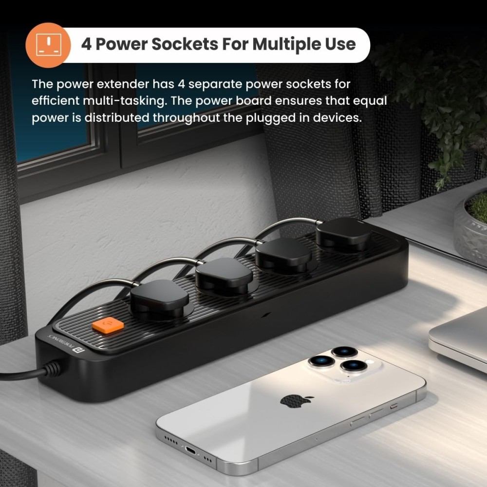 Portronics Power Plate 12 Extension Board | 4 Universal Sockets | 2M Cord | 1500W Fireproof Power Strip (Black)