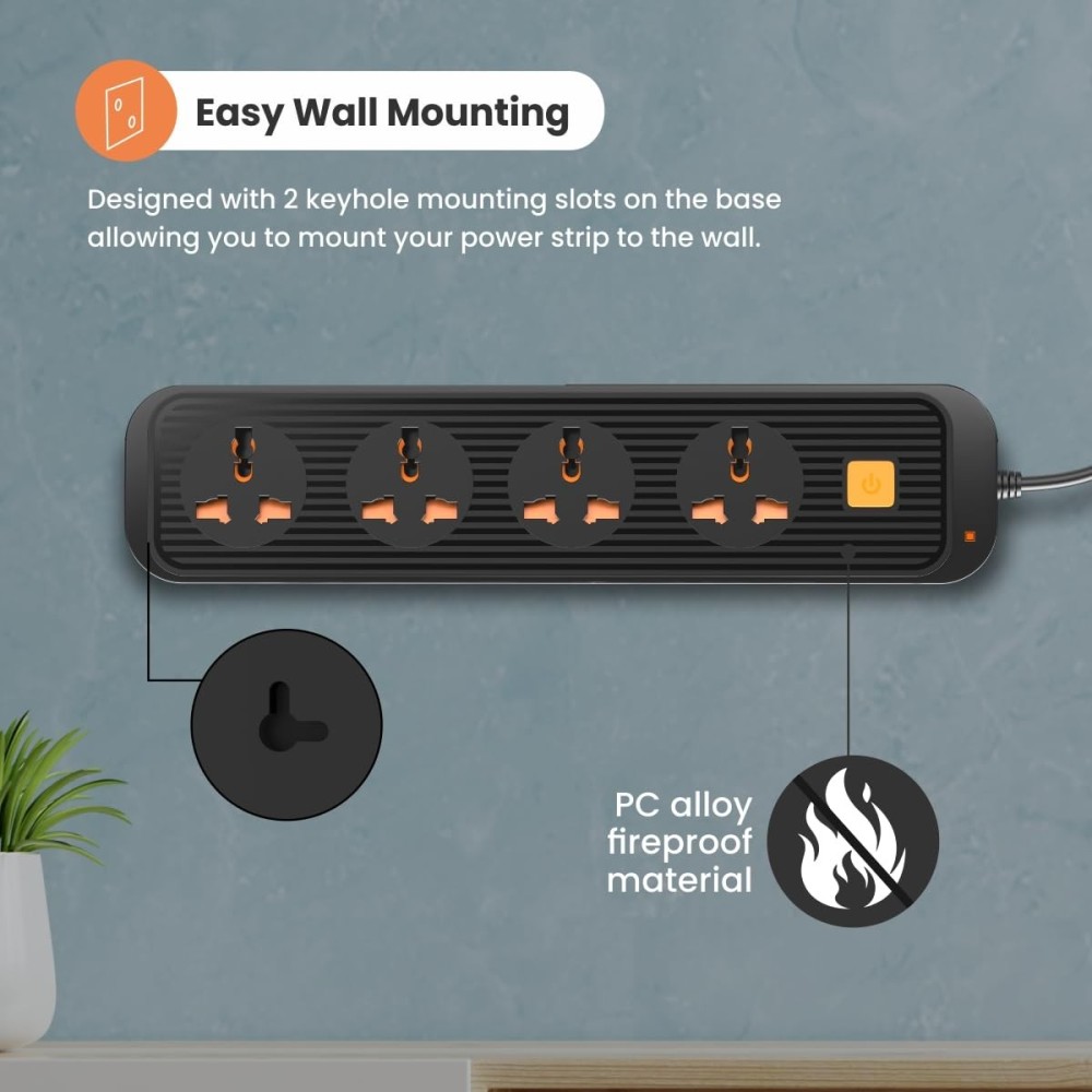 Portronics Power Plate 12 Extension Board | 4 Universal Sockets | 2M Cord | 1500W Fireproof Power Strip (Black)