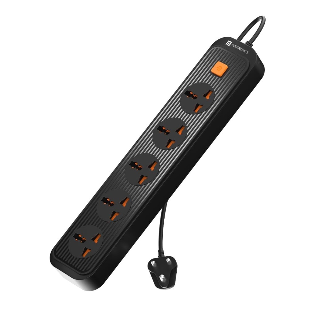 Portronics Power Plate 13 Extension Board 1500W with 5 Power Sockets, 2M Cord, Fireproof Material & Short Circuit Protection – (Black)