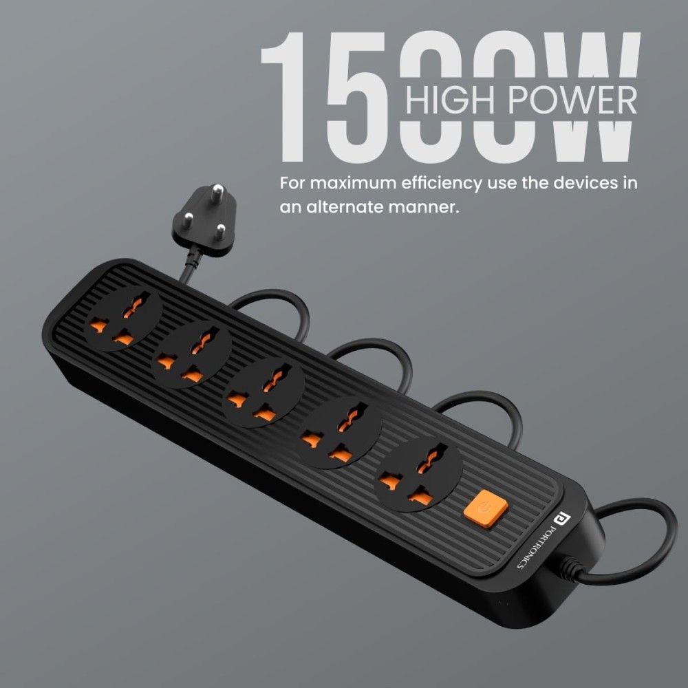 Portronics Power Plate 13 Extension Board 1500W with 5 Power Sockets, 2M Cord, Fireproof Material & Short Circuit Protection – (Black)