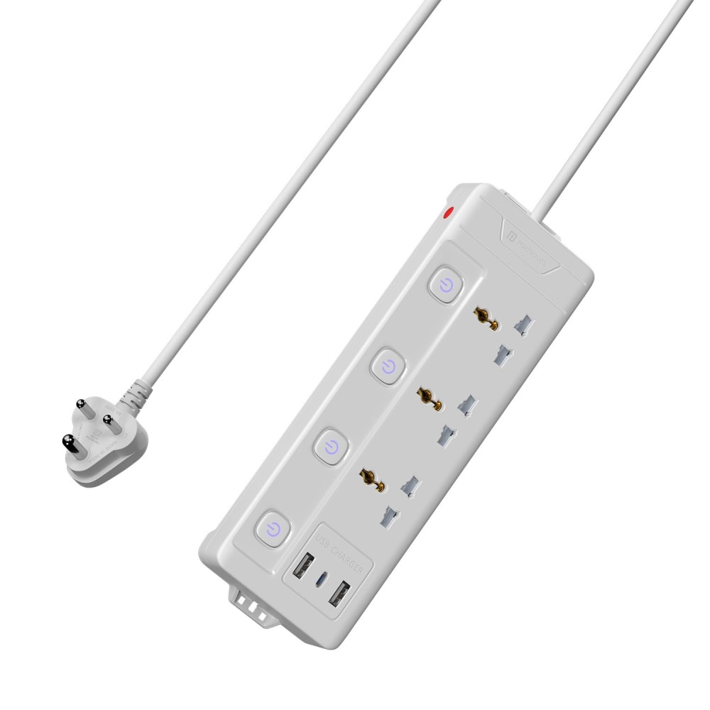 Portronics Power Plate 18 Extension Board with 3 Universal Sockets, USB-A & USB-C Fast Charging, 3M Heavy-Duty Cord, 1500W Power Strip – (White)