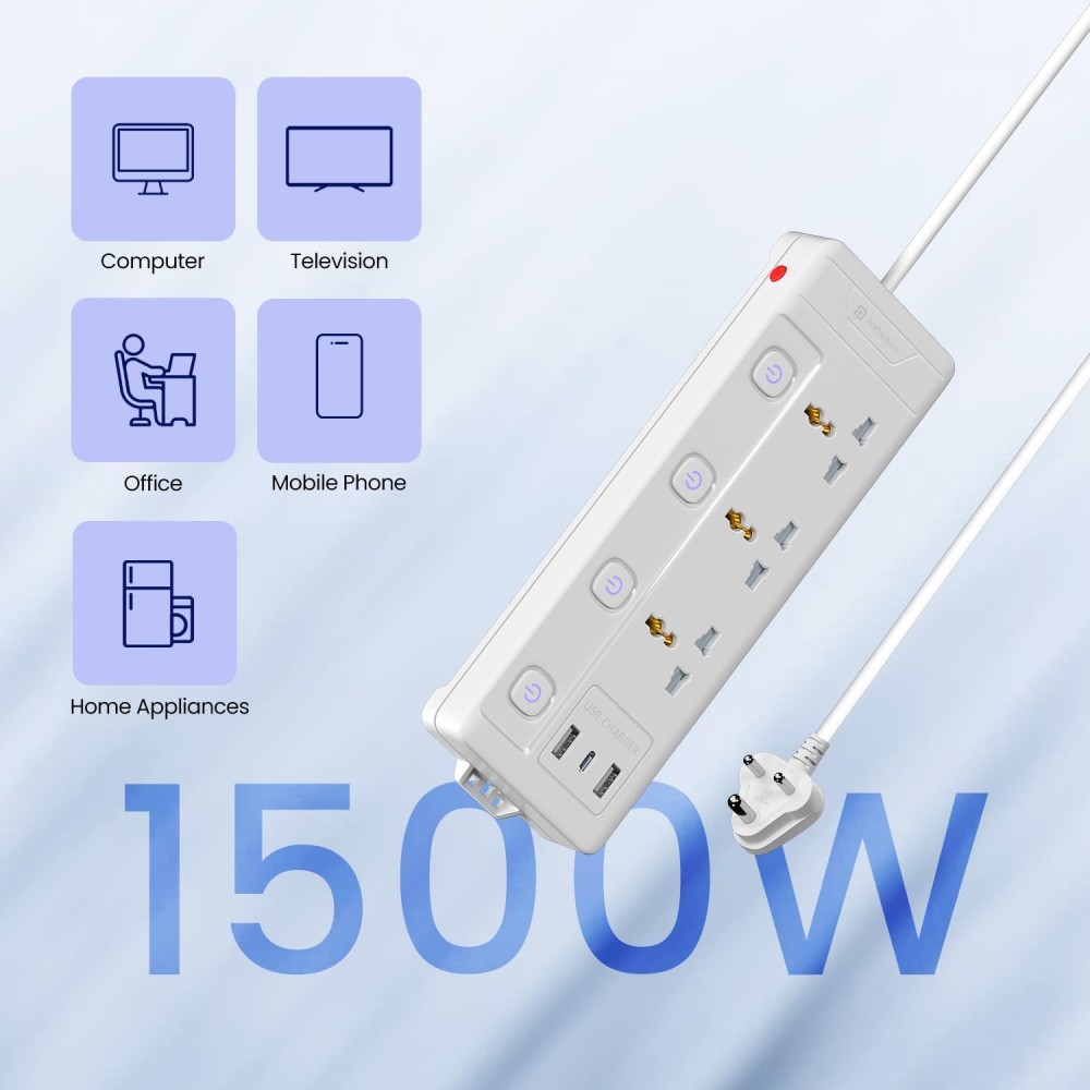 Portronics Power Plate 18 Extension Board with 3 Universal Sockets, USB-A & USB-C Fast Charging, 3M Heavy-Duty Cord, 1500W Power Strip – (White)