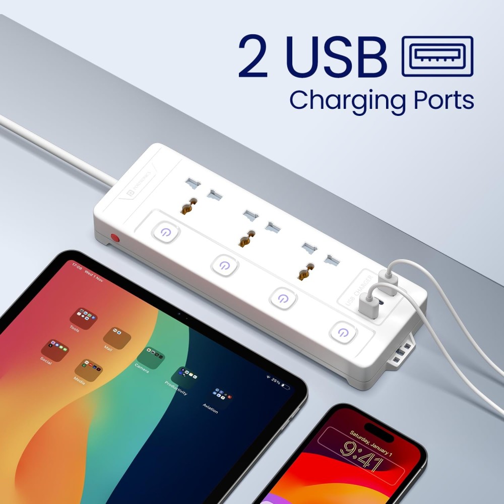 Portronics Power Plate 18 Extension Board with 3 Universal Sockets, USB-A & USB-C Fast Charging, 3M Heavy-Duty Cord, 1500W Power Strip – (White)