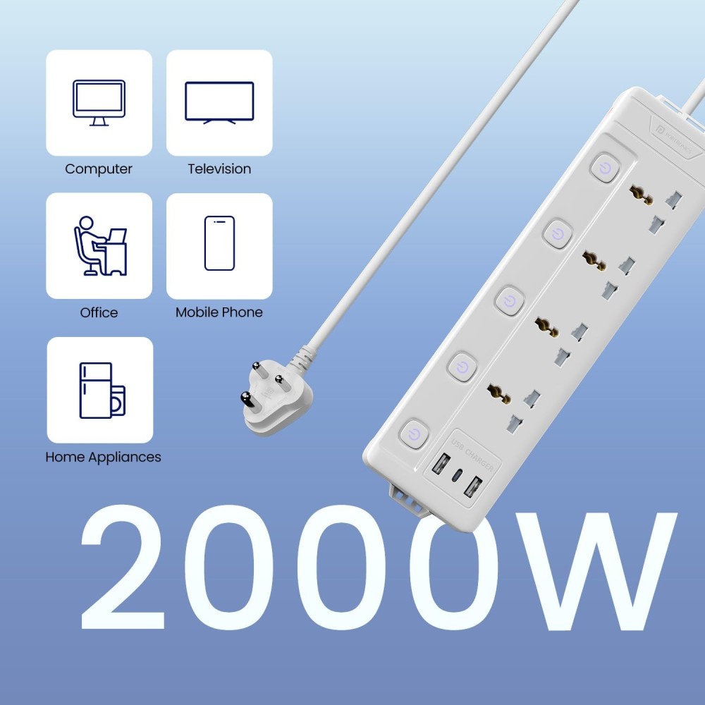 Portronics Power Plate 19 Extension Board with 4 Universal Sockets, 3m Heavy-Duty Cord, 2000W Power Strip, 5 Individual Switches-(White)