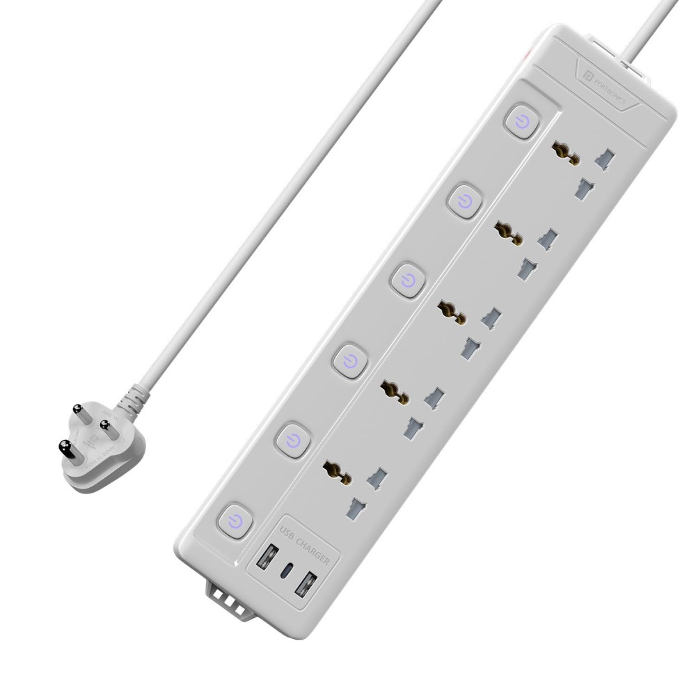 Portronics Power Plate 20 Extension Board | 5 Universal Sockets | 3M Cord | 2500W Power Strip | 6 Individual Switches-(White)
