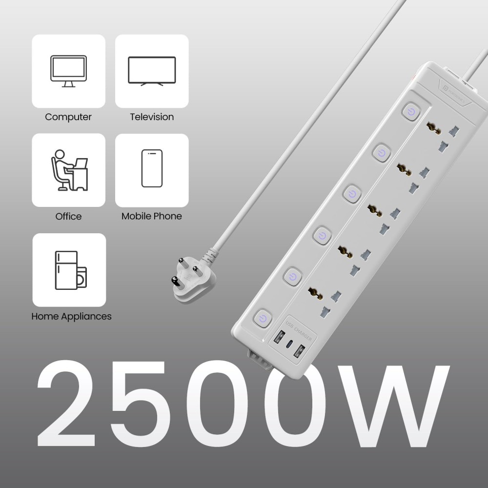 Portronics Power Plate 20 Extension Board | 5 Universal Sockets | 3M Cord | 2500W Power Strip | 6 Individual Switches-(White)