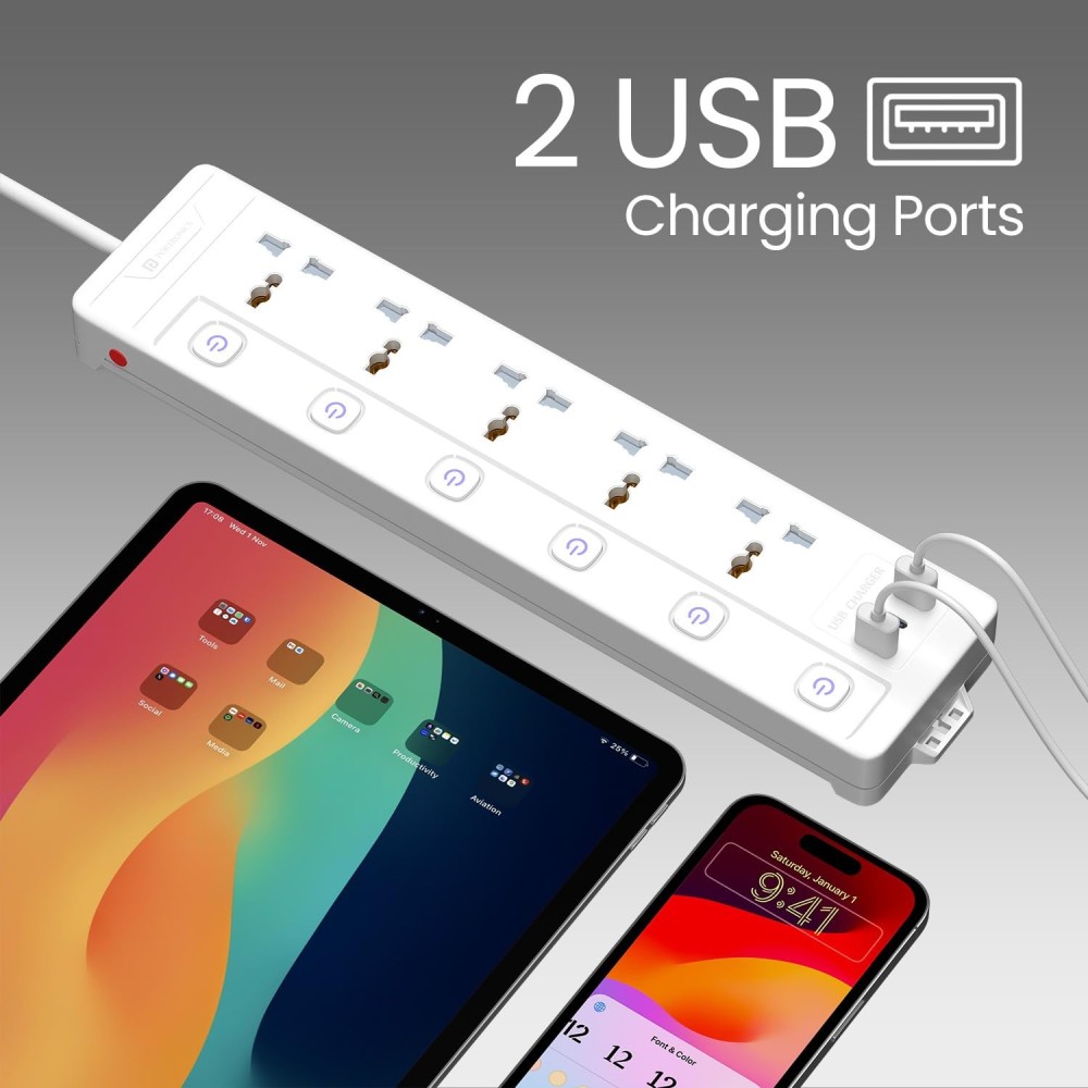 Portronics Power Plate 20 Extension Board | 5 Universal Sockets | 3M Cord | 2500W Power Strip | 6 Individual Switches-(White)