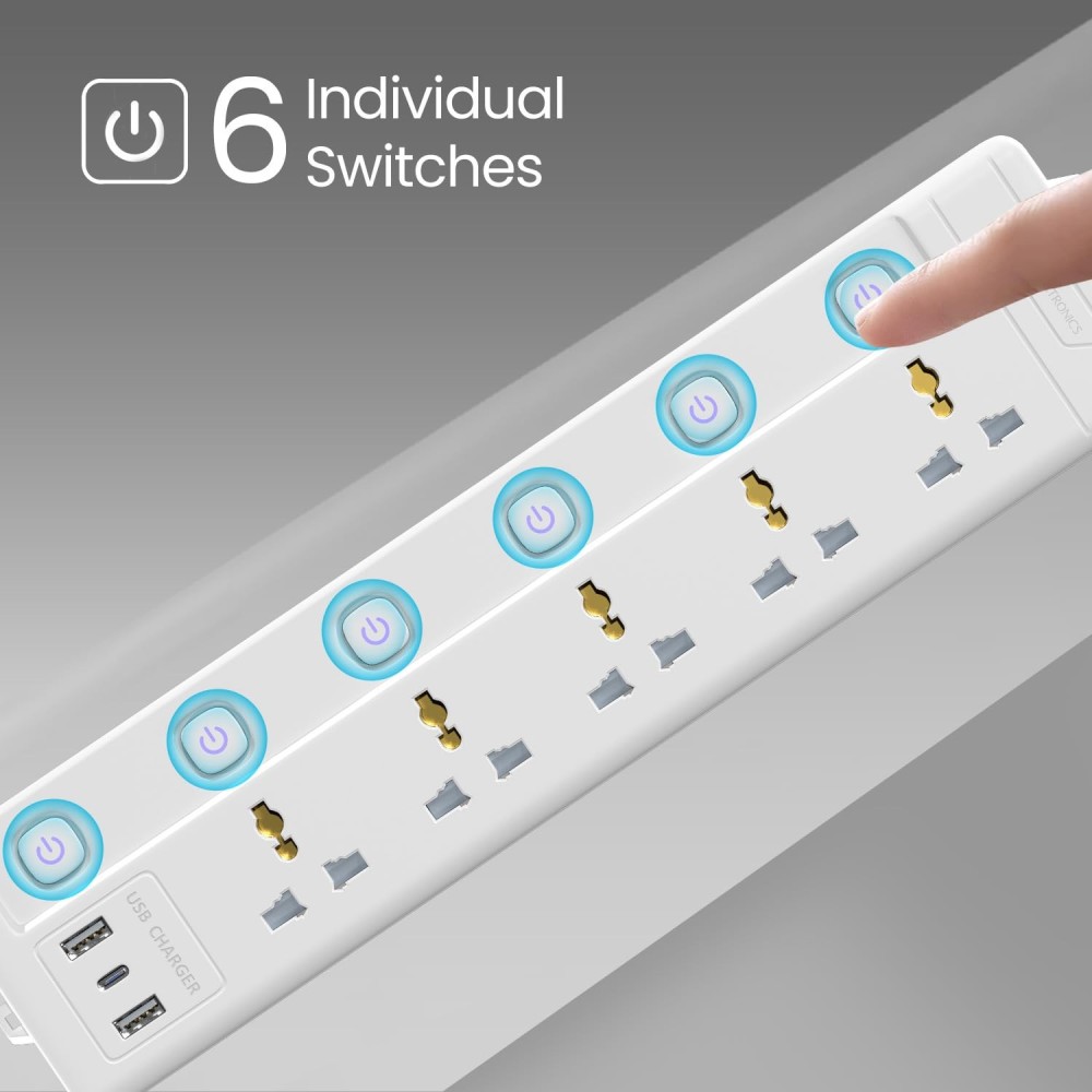 Portronics Power Plate 20 Extension Board | 5 Universal Sockets | 3M Cord | 2500W Power Strip | 6 Individual Switches-(White)