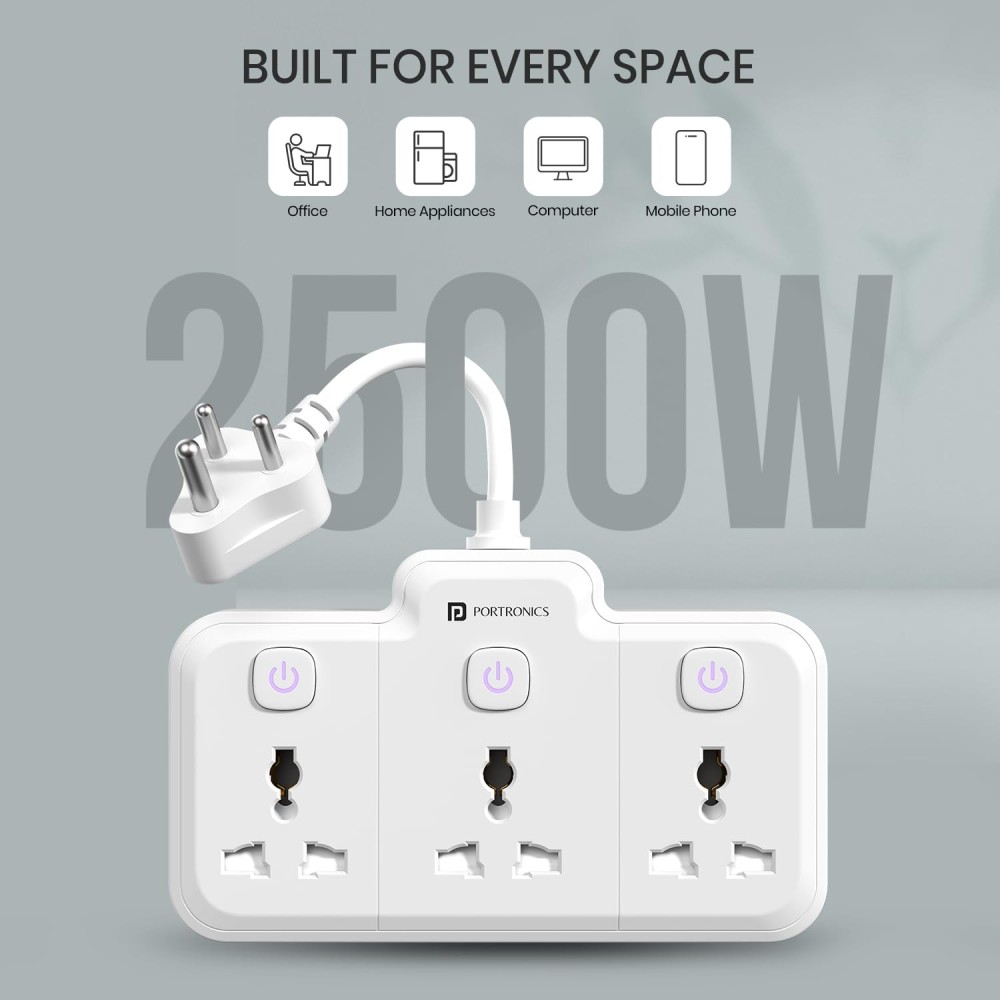 Portronics Power Plate Nano 2500W 3-in-1 Power Extender | 3 Universal Sockets, Individual Switches, 180° Flexible Cord, Child Safety-(White)