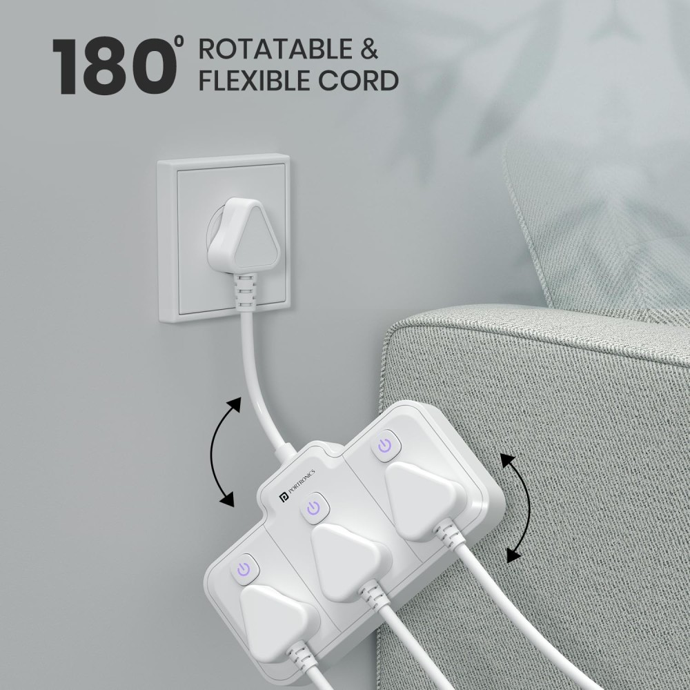 Portronics Power Plate Nano 2500W 3-in-1 Power Extender | 3 Universal Sockets, Individual Switches, 180° Flexible Cord, Child Safety-(White)