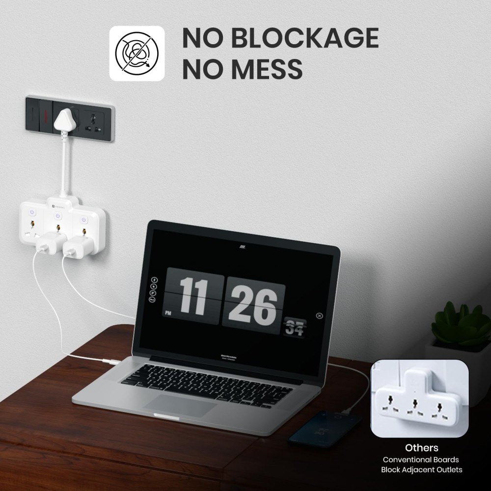 Portronics Power Plate Nano 2500W 3-in-1 Power Extender | 3 Universal Sockets, Individual Switches, 180° Flexible Cord, Child Safety-(White)