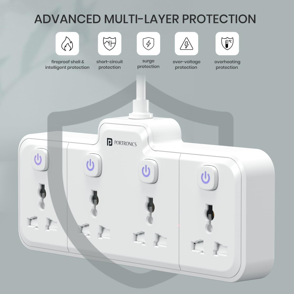 Portronics Power Plate Pro 2500W 4-in-1 Power Extender with 4 Universal Sockets, Individual Switches & 180° Flexible Cord | Home & Office Power Strip-(White)
