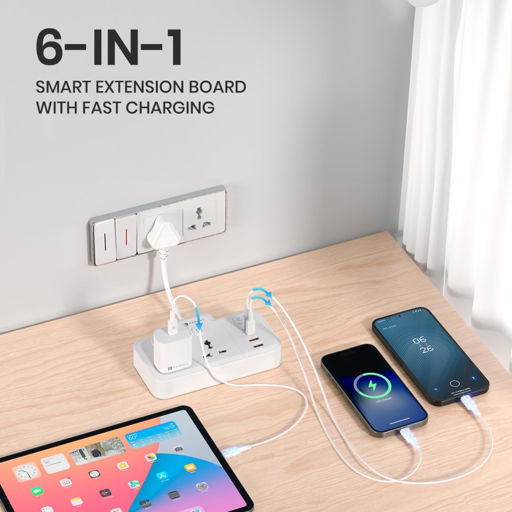 Portronics Power Plate Plus 2500W 6-in-1 Power Extender with 2 Universal Sockets & 4 USB Ports, Individual Switches, Child Safety Shutters-(White)