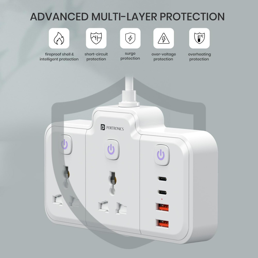 Portronics Power Plate Plus 2500W 6-in-1 Power Extender with 2 Universal Sockets & 4 USB Ports, Individual Switches, Child Safety Shutters-(White)