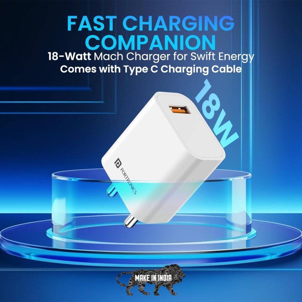 Portronics Adapto One Plus 18W 3A Fast Charging Adapter with 1M Micro USB Cable (White) | USB Wall Charger for iPhone, iPad & Samsung