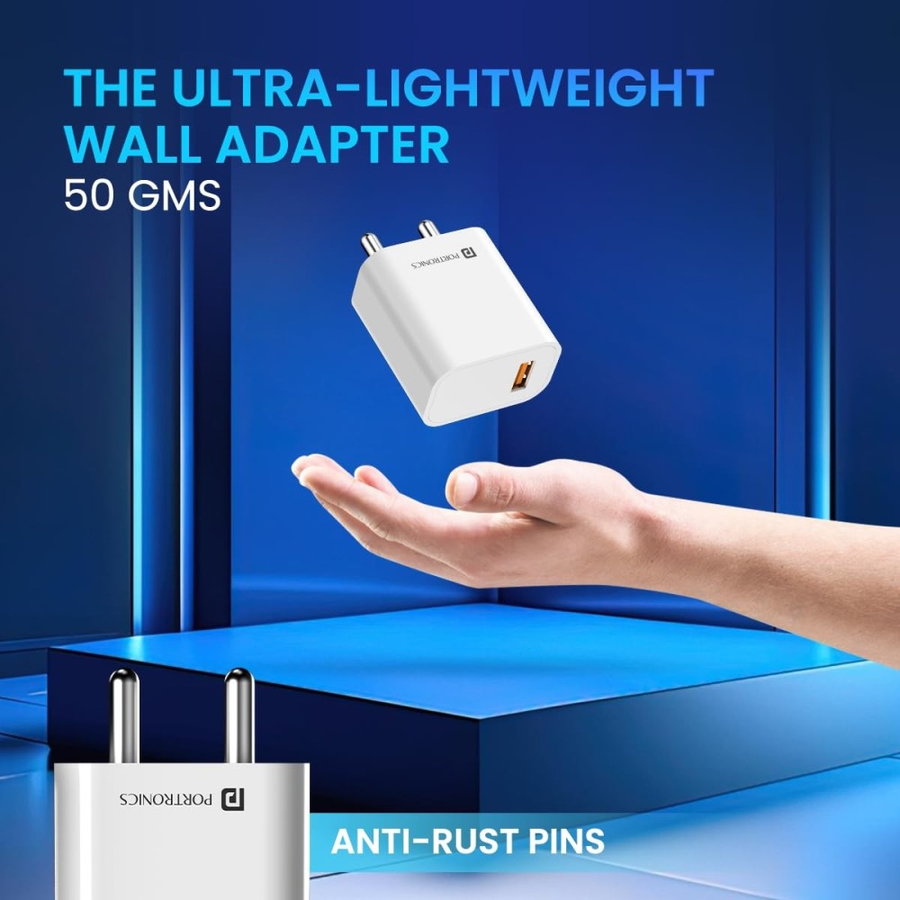 Portronics Adapto One Plus 18W 3A Fast Charging Adapter with 1M Micro USB Cable (White) | USB Wall Charger for iPhone, iPad & Samsung