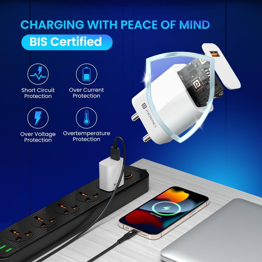Portronics Adapto One Plus 18W 3A Fast Charging Adapter with 1M Micro USB Cable (White) | USB Wall Charger for iPhone, iPad & Samsung
