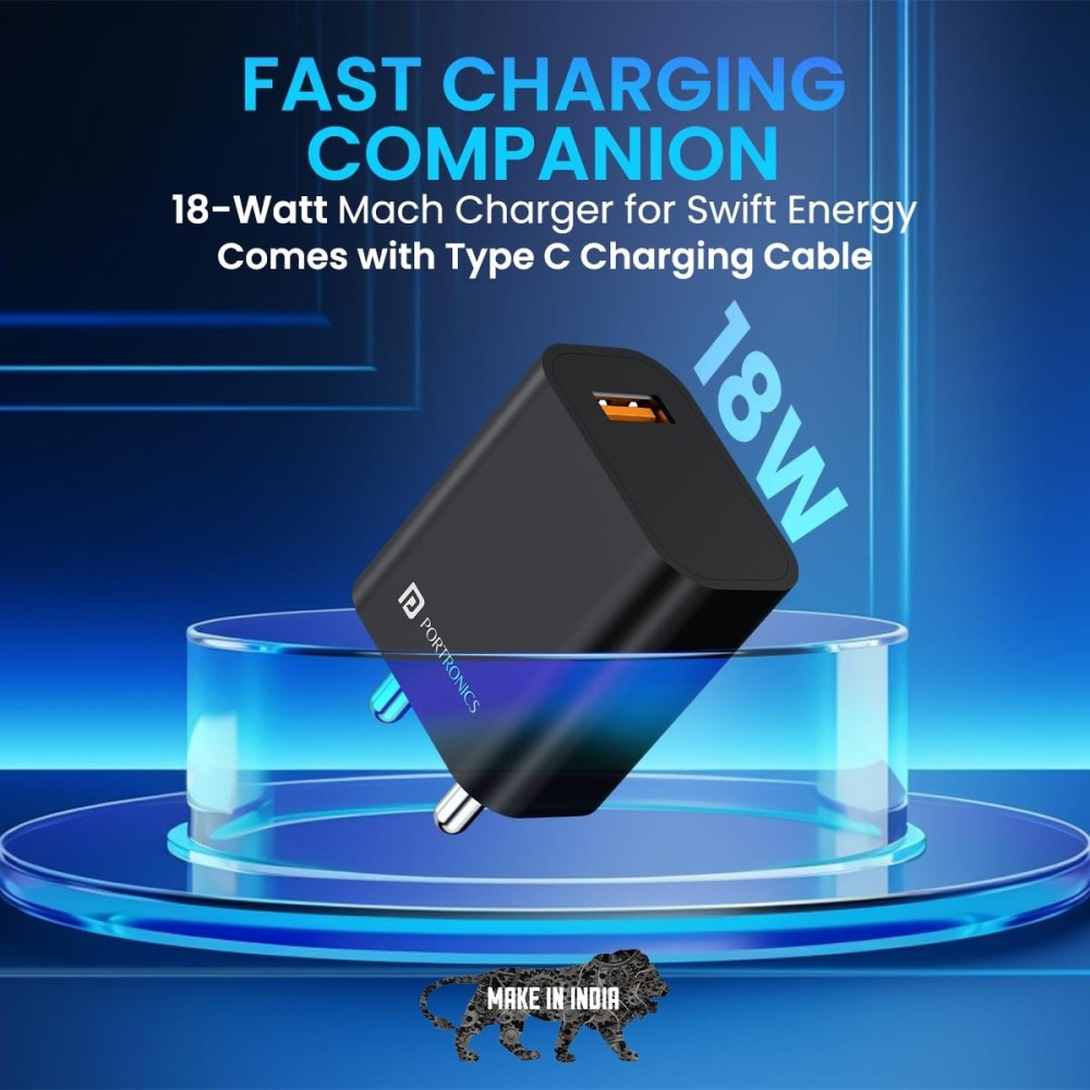Portronics Adapto One Plus 18W 3A Fast USB Charger with 1M Micro USB Cable, Fast Charging Adapter for iPhone, iPad & Samsung – (Black)