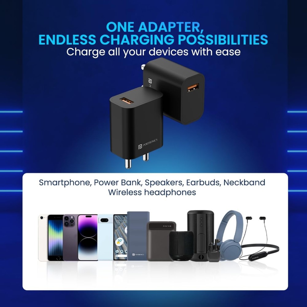 Portronics Adapto One Plus 18W 3A Fast USB Charger with 1M Micro USB Cable, Fast Charging Adapter for iPhone, iPad & Samsung – (Black)