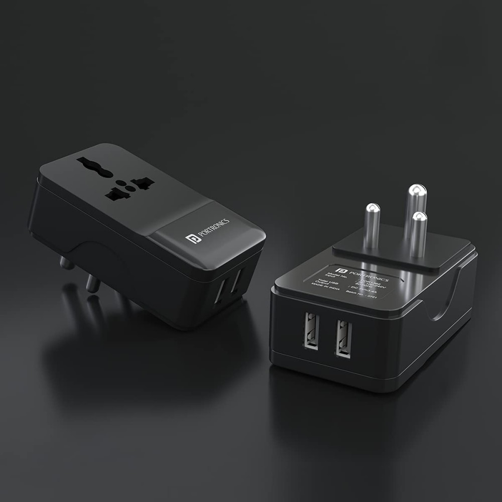 Portronics Adapto III Dual USB Adapter with AC Power Socket 3.4A Fast Charger-(Black)