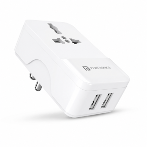 Portronics Adapto III Dual USB Adapter with 1 AC Power Socket, Dual USB Ports, 3.4A Fast Charging Output – (White) | Universal Travel & Home Charger