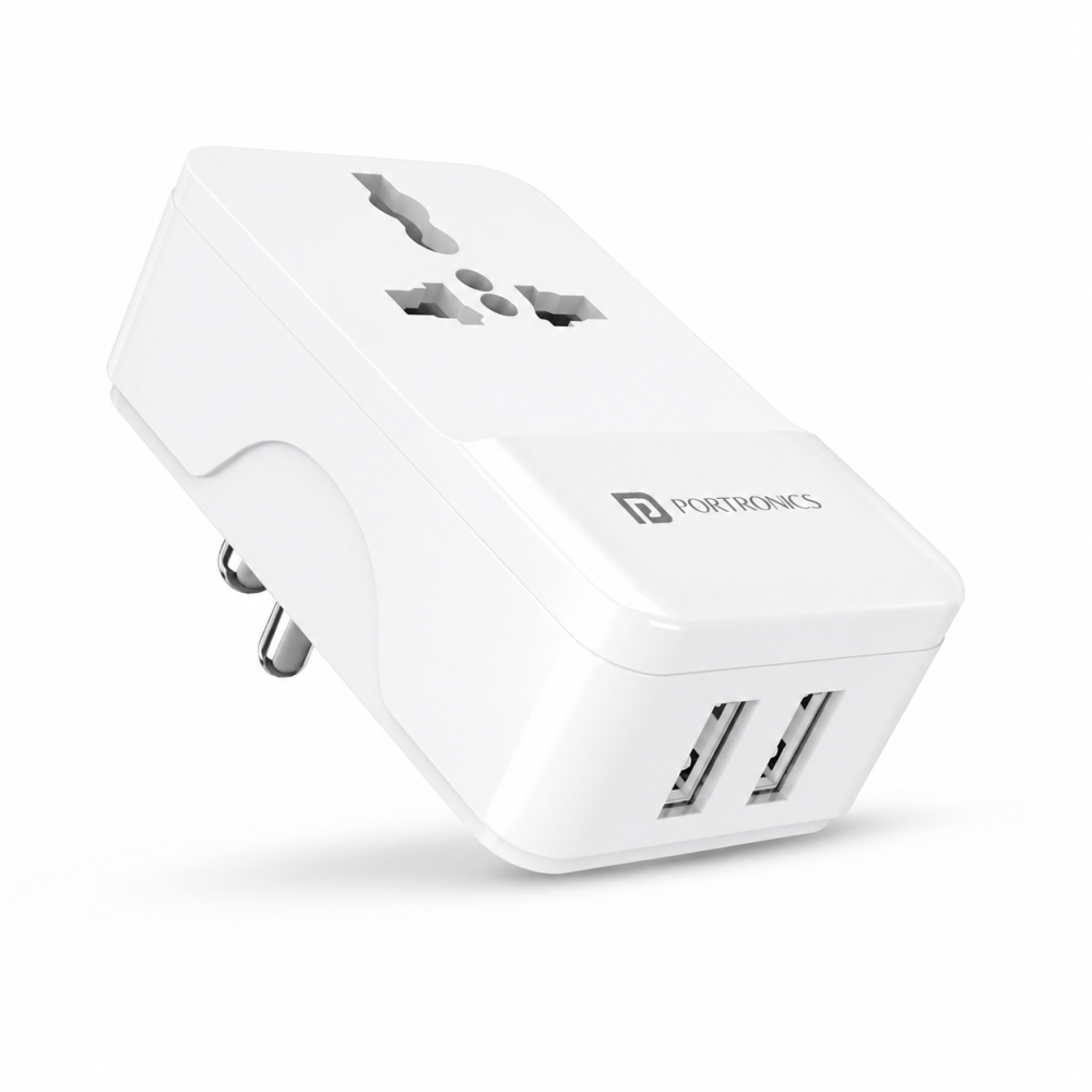 Portronics Adapto III Dual USB Adapter with 1 AC Power Socket, Dual USB Ports, 3.4A Fast Charging Output – (White) | Universal Travel & Home Charger