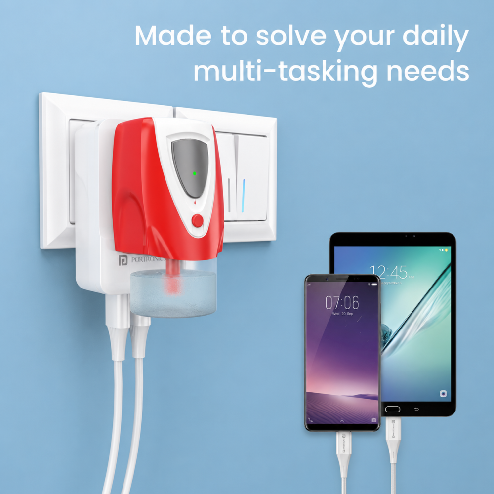 Portronics Adapto III Dual USB Adapter with 1 AC Power Socket, Dual USB Ports, 3.4A Fast Charging Output – (White) | Universal Travel & Home Charger