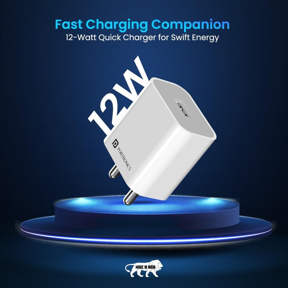 Portronics Adapto 12 12W 2.4A Fast Wall Charger for iPhone, iPad & Samsung Smartphones – (White) | USB Mobile Charger