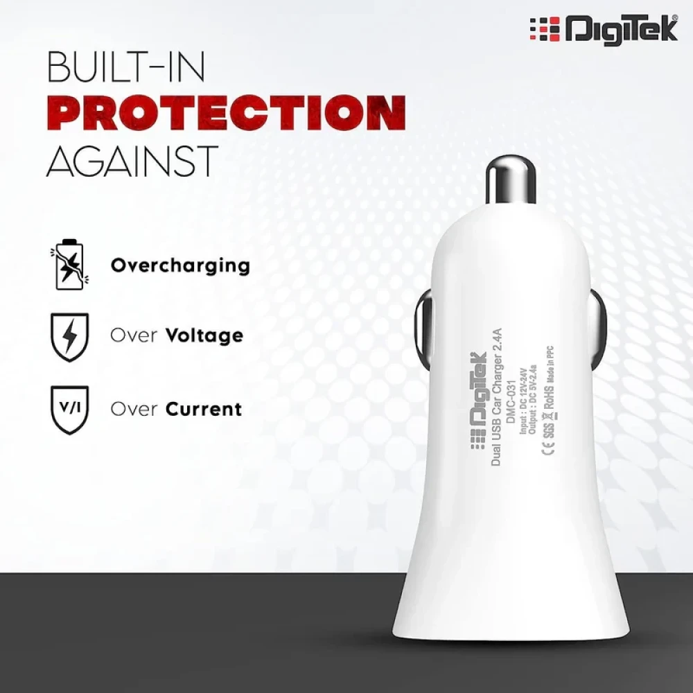 Digitek® (DMC 031) Dual USB Fast Car Charger 2.4A, High-Speed Car Adapter with Multi Protection Compatible with Cars for iPhone & Android Smartphone, PowerBank, Smartwatch, Headphone